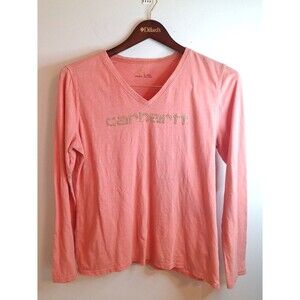 Carhartt Longsleeve V Neck T Shirt Womens L Pink Gold Beaded Spellout Pullover